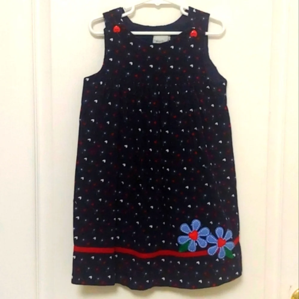💗 Sophie Rose Navy Blue Pinwhale Corduroy Jumper Dress. Heart print. Size 5